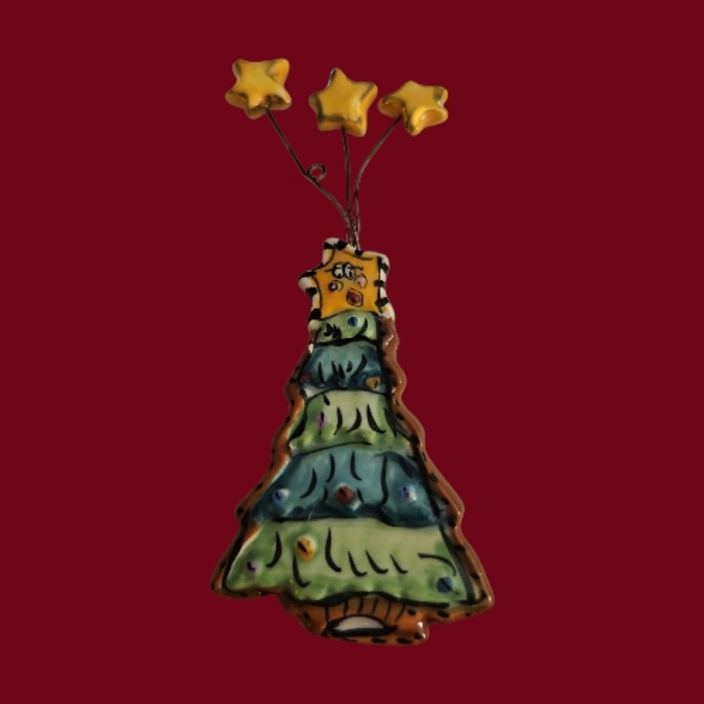 HEATHER GOLDMINC Artisan Handpainted Ceramic Christmas Tree Pin Brooch